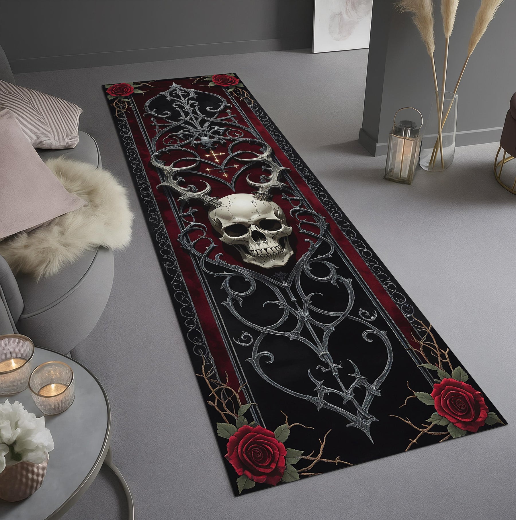 Gothic Skull Runner Rug, Baroque Ironwork and Red Roses Decor, Dark Academia Hallway Carpet