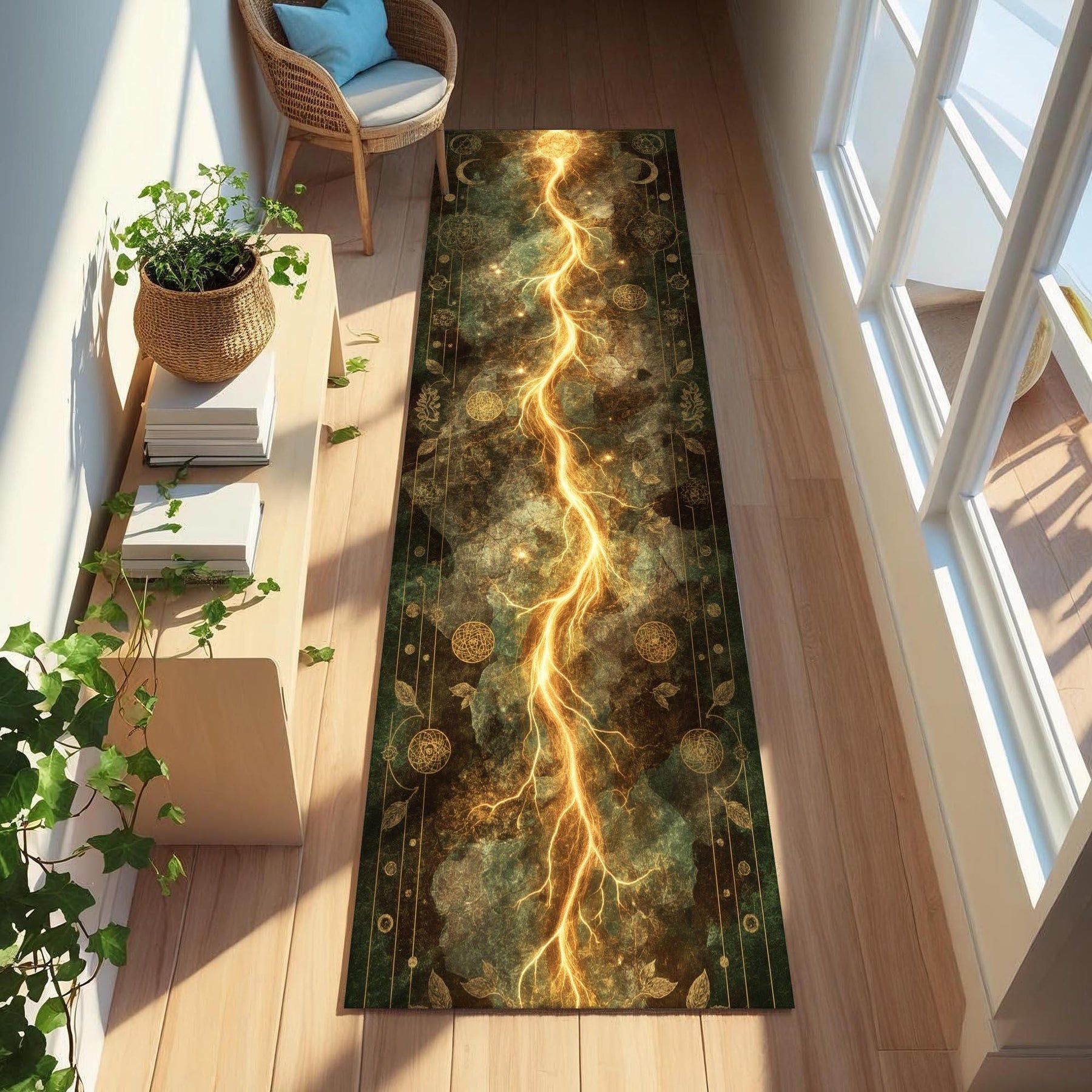 Arcane Lightning Runner Rug, Alchemy Tapestry Carpet for Witchy Hallways or Gothic Cosmic Decor