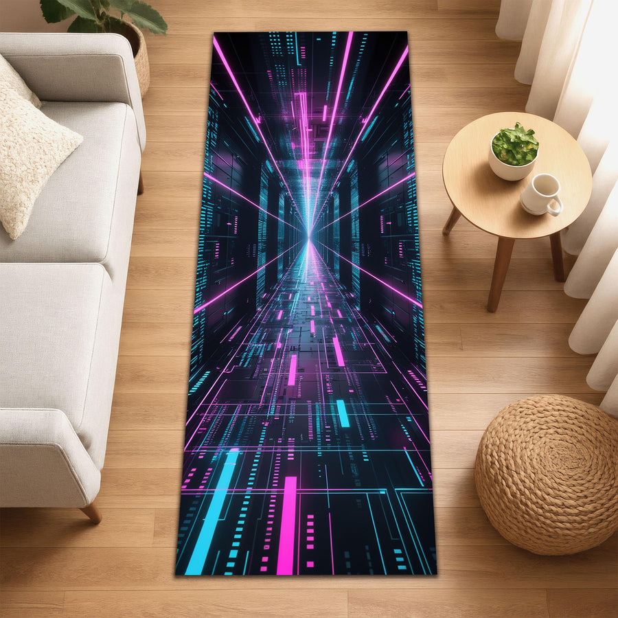 Cyberpunk Neon Runner Rug, Gamer Room Decor Rug, Tech Aesthetic Hallway Rug, Vaporwave Digital Tunnel Rug, Futuristic Glow Carpet