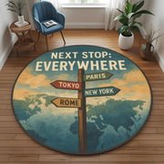 Round Travel Quote Rug, Signpost and World Map Carpet for Wanderlust and Adventure Lovers