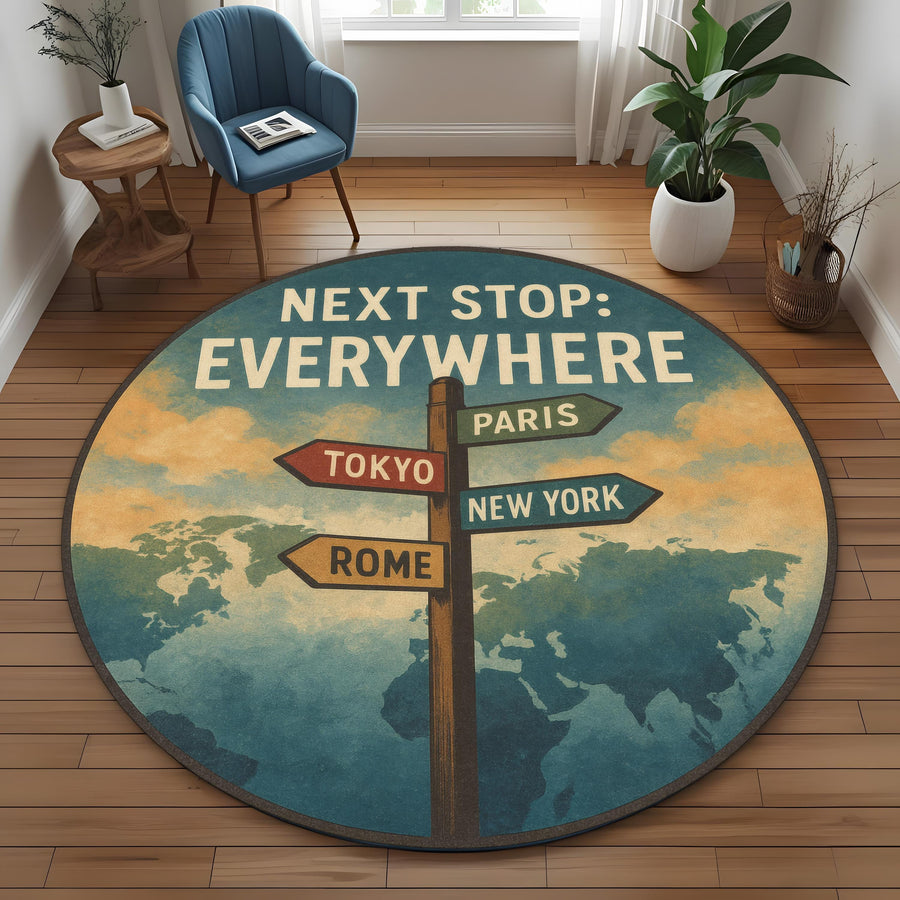 Round Travel Quote Rug, Signpost and World Map Carpet for Wanderlust and Adventure Lovers