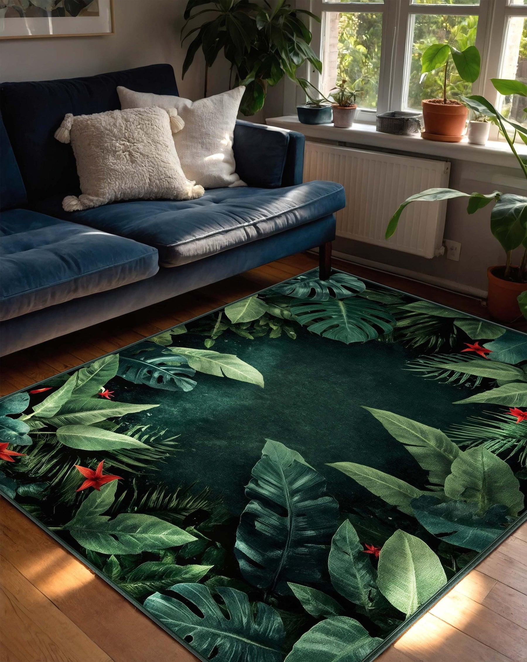 Dark Jungle Botanical Rug | Tropical Leaf Carpet with Red Flowers | Exotic Deep Green Area Rug for Modern Living Room or Bedroom