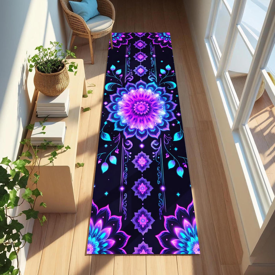 Psychedelic Mandala Runner Rug, Purple Blue Floral Glow Hallway Rug, Trippy Meditation Carpet, Neon Boho Floor Art, Psychedelic Entryway Rug