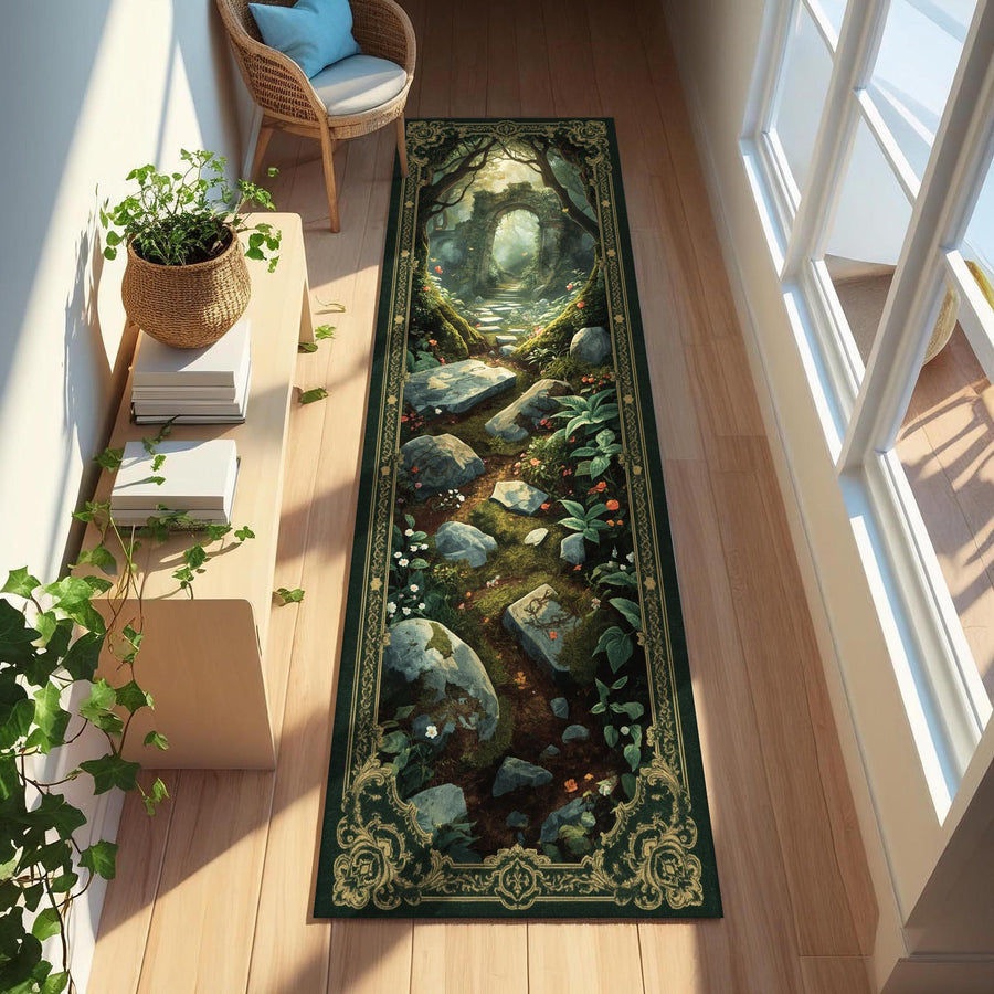 Enchanted Forest Runner Rug, Mossy Stone Path and Nature Detailed Carpet for Hallway