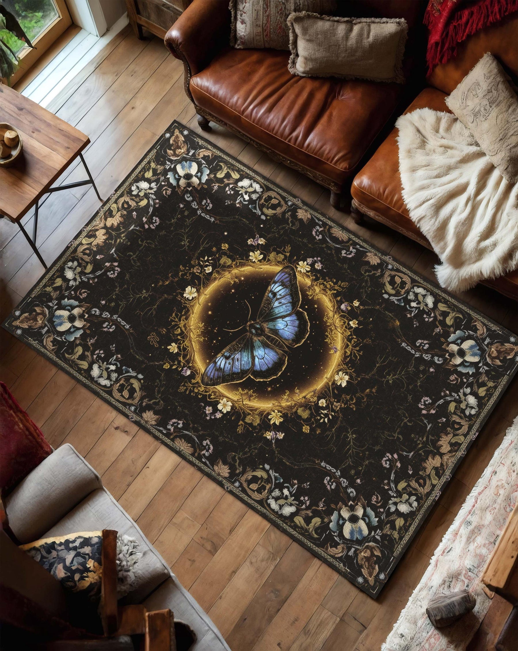 Mystical Moth Rug, Gothic Fairycore Butterfly Room Decor, Enchanted Dark Academia Floral Tapestry, Gothic Mystical Carpet for Living Room