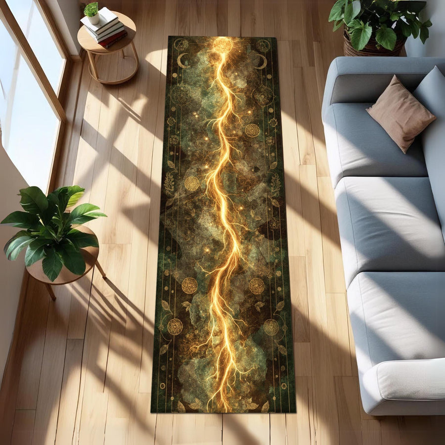 Arcane Lightning Runner Rug, Alchemy Tapestry Carpet for Witchy Hallways or Gothic Cosmic Decor