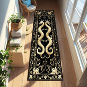 Golden Floral Dragon Runner Rug, Gothic Oriental Hallway Rug, Twin Dragon Rug, Feng Shui Dragon Carpet, Black and Gold Entryway Runner Decor