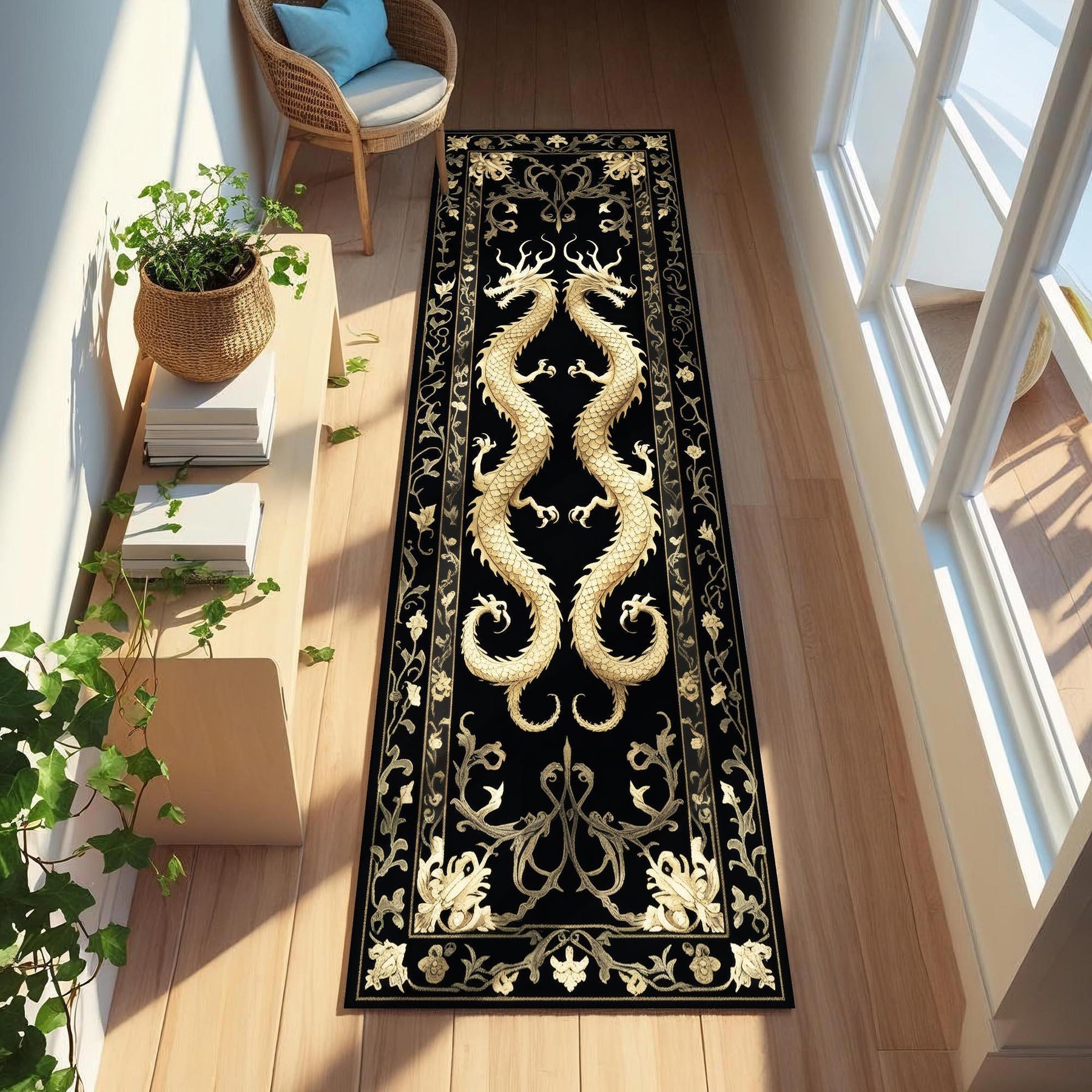Golden Floral Dragon Runner Rug, Gothic Oriental Hallway Rug, Twin Dragon Rug, Feng Shui Dragon Carpet, Black and Gold Entryway Runner Decor