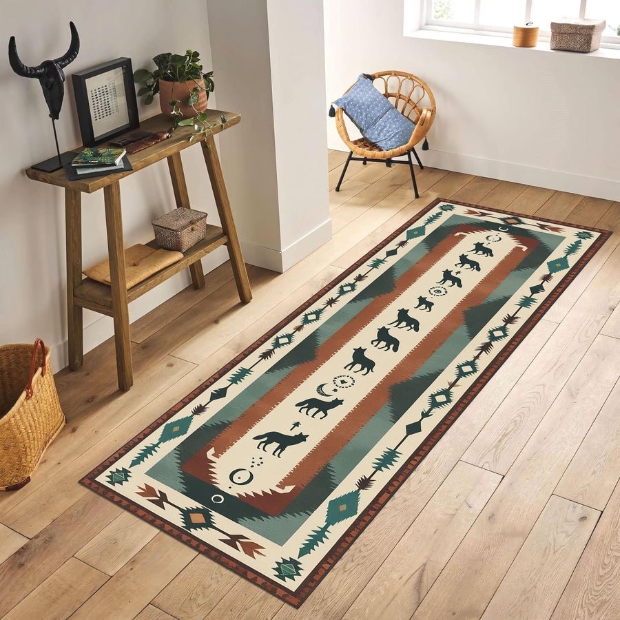 Tribal Wolf Runner Rug, Southwestern Animal Spirit Rug, Boho Desert Hallway Carpet, Native Lodge Decor Rug, Aztec Inspired Wolf Decor