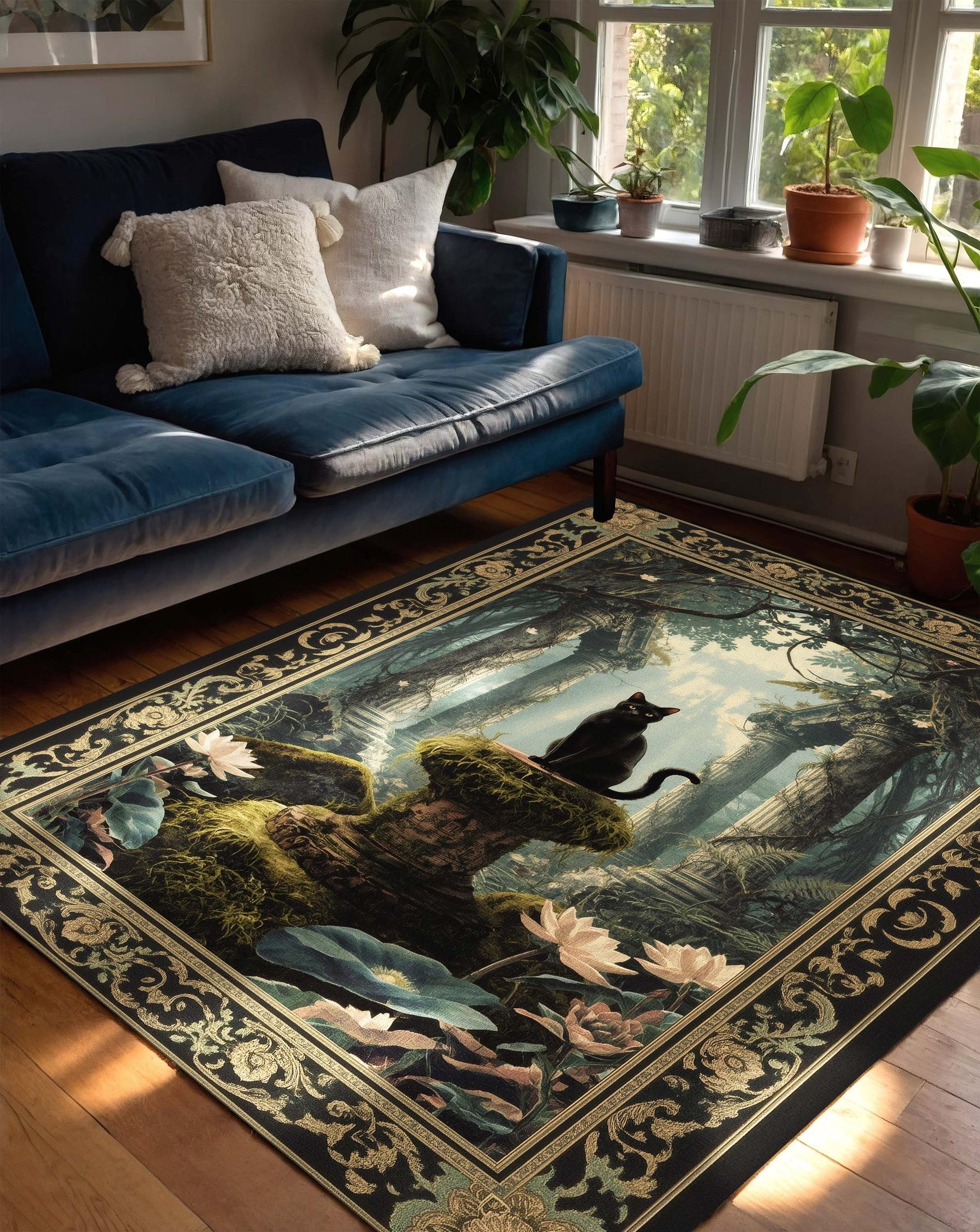 Gothic Witchy Rug with Black Cat & Ancient Ruins Enchanted Tapestry for Dark Academia or Fantasy Decor, The Cat of the Forgotten Temple