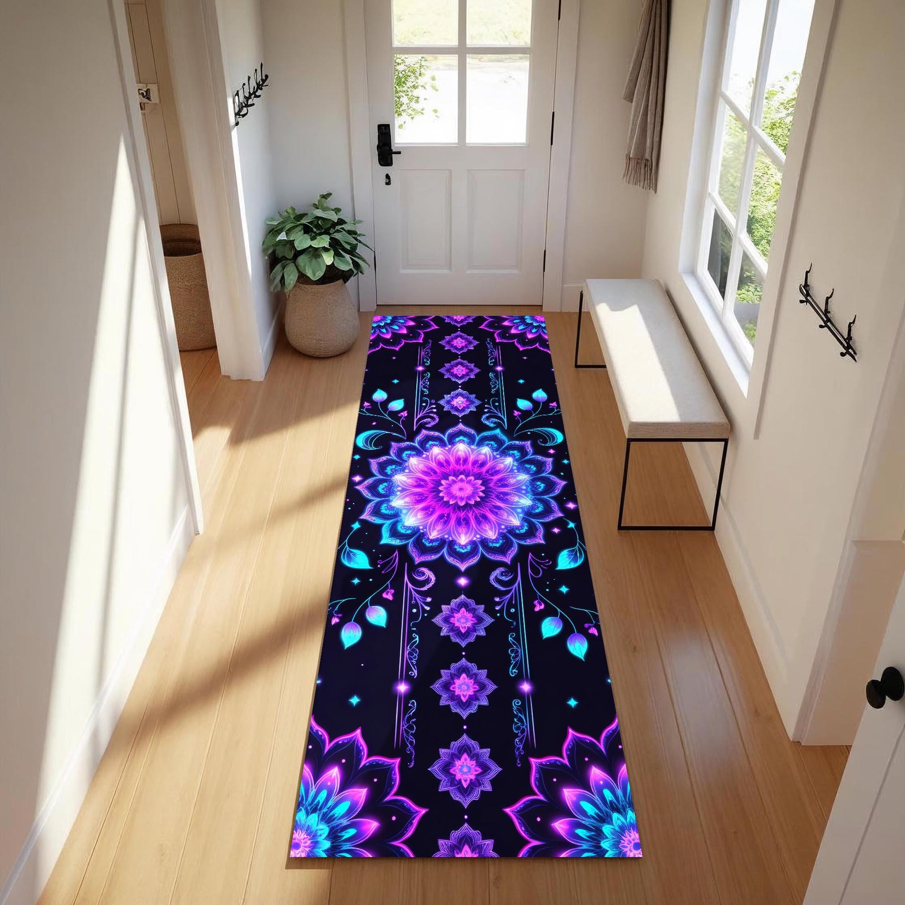 Psychedelic Mandala Runner Rug, Purple Blue Floral Glow Hallway Rug, Trippy Meditation Carpet, Neon Boho Floor Art, Psychedelic Entryway Rug