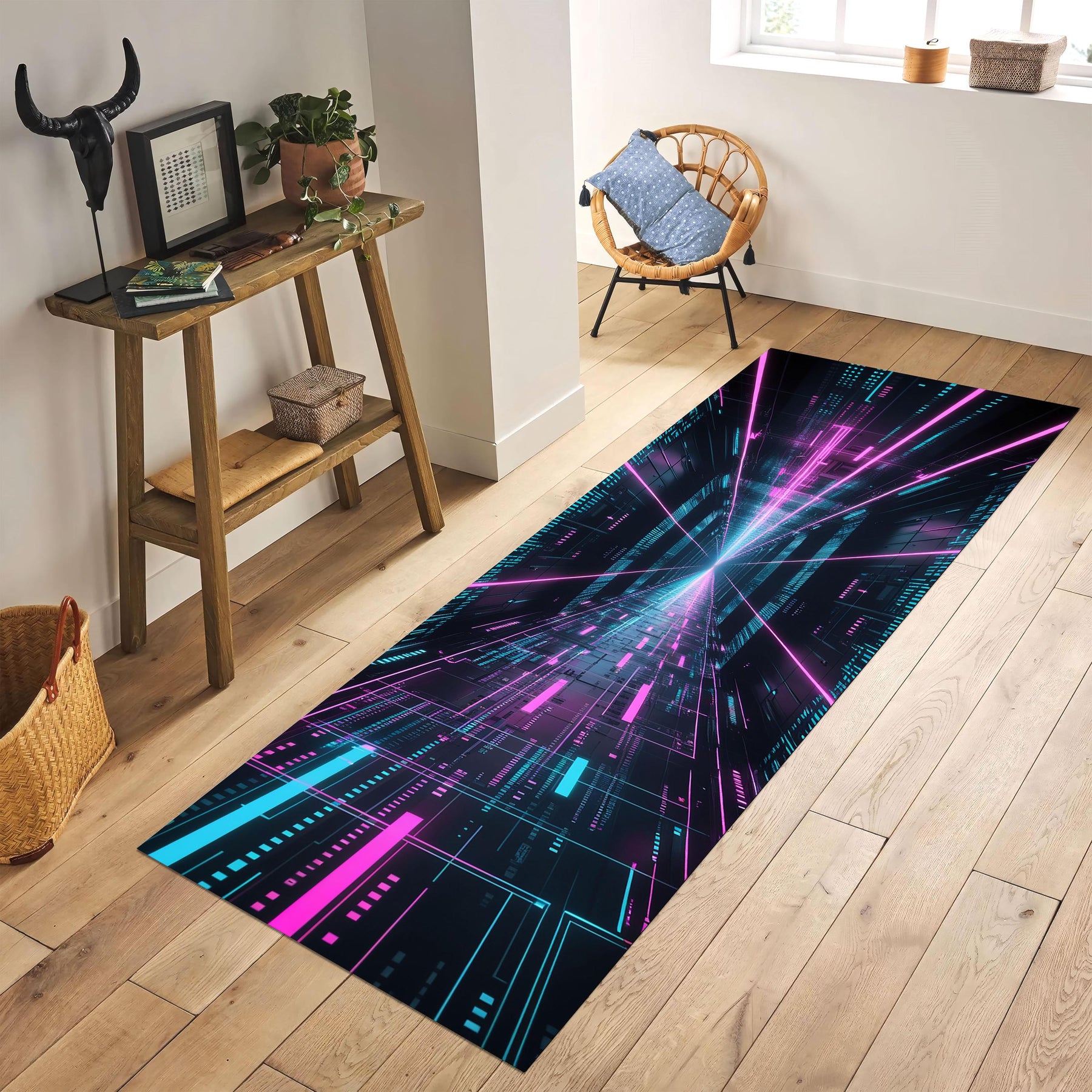 Cyberpunk Neon Runner Rug, Gamer Room Decor Rug, Tech Aesthetic Hallway Rug, Vaporwave Digital Tunnel Rug, Futuristic Glow Carpet