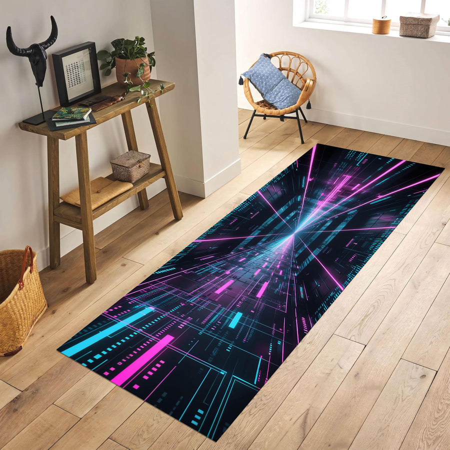 Cyberpunk Neon Runner Rug, Gamer Room Decor Rug, Tech Aesthetic Hallway Rug, Vaporwave Digital Tunnel Rug, Futuristic Glow Carpet
