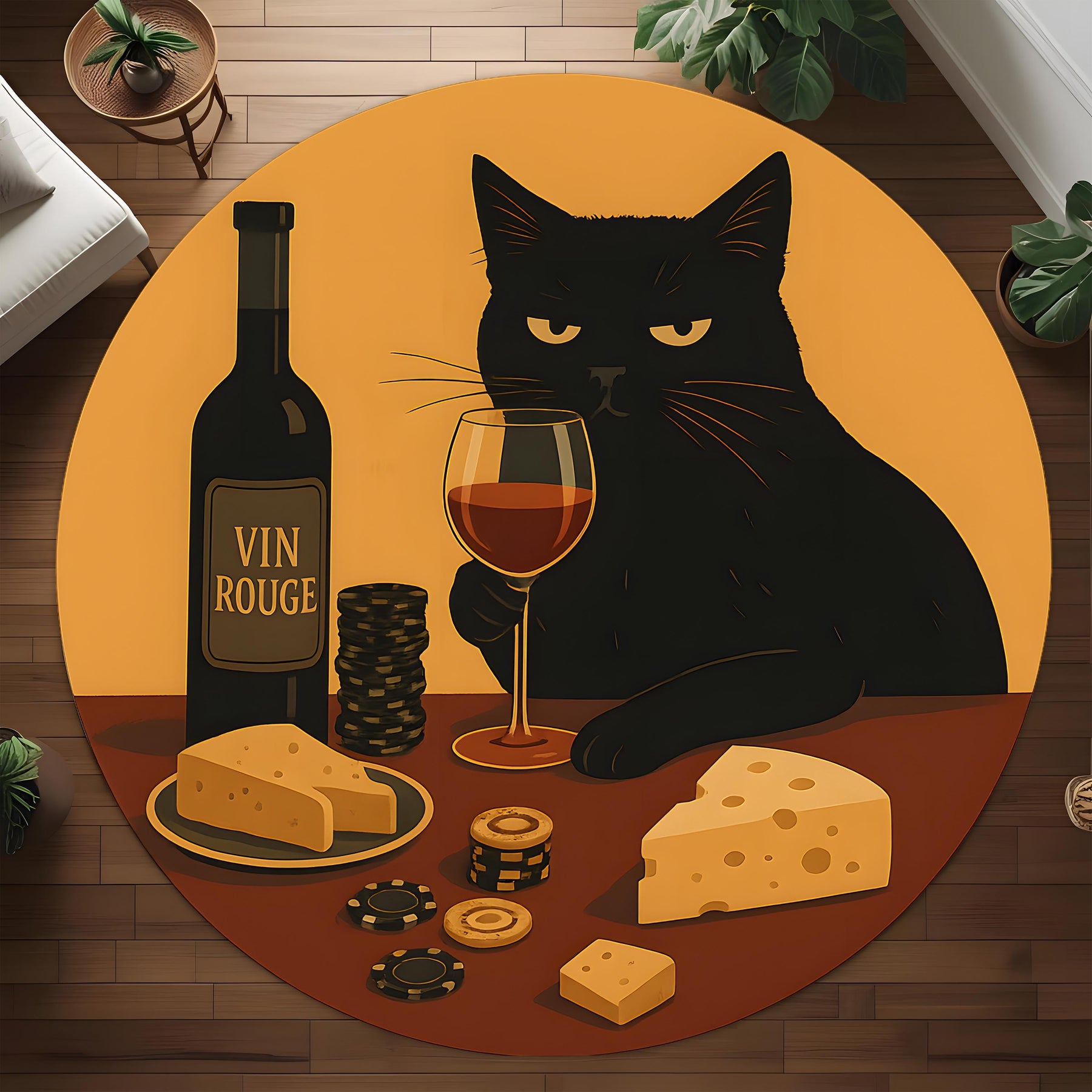 Whimsical Cat Wine & Cheese Round Rug: Quirky Home Decor for Pet Lovers and Party Enthusiasts