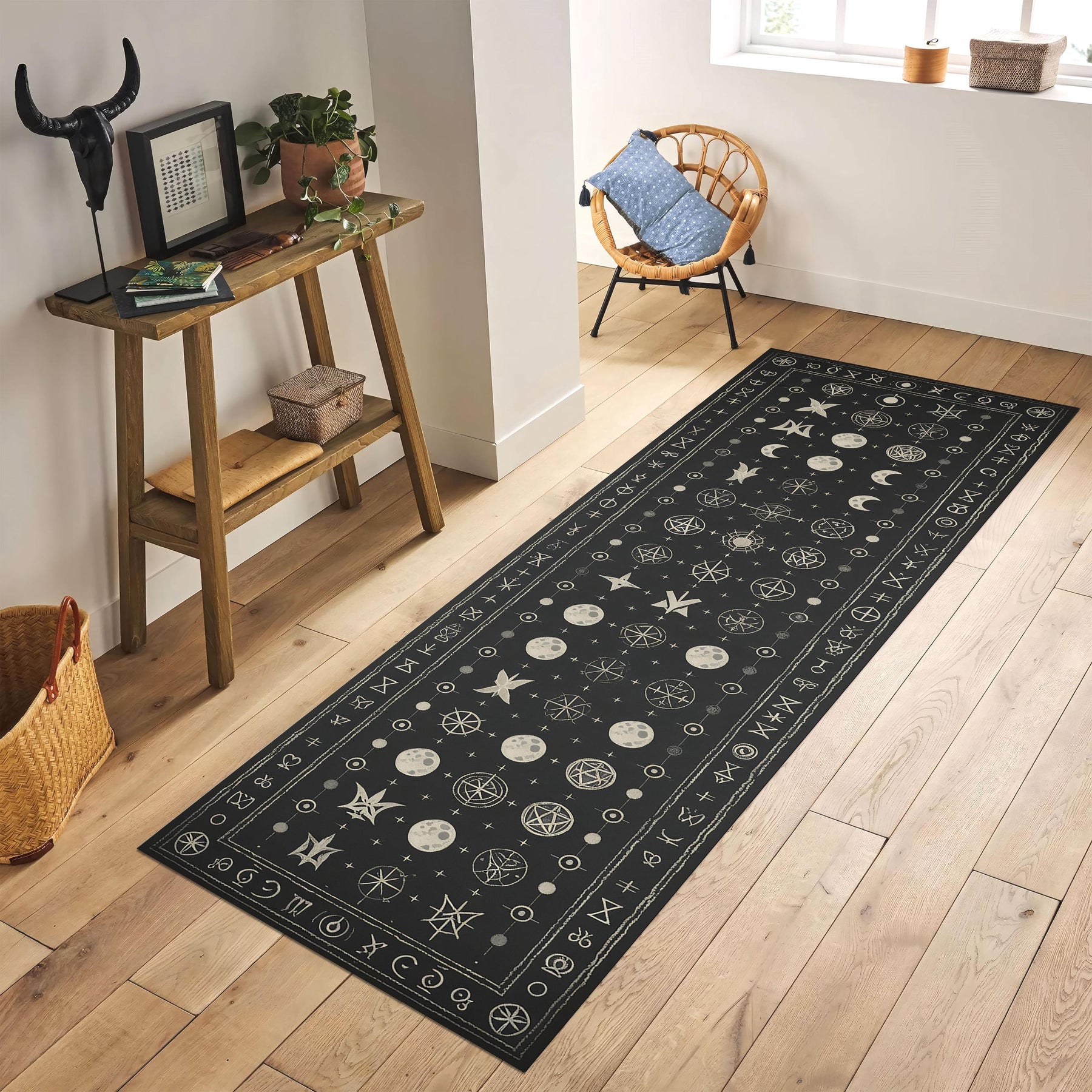 Celestial Witchy Runner Rug, Moon Phase Alchemy Rug, Gothic Zodiac Hallway Carpet, Astrological Magic Decor, Dark Mystical Spell Rug