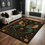 Dragon Garden Rug: Gothic Fantasy Carpet with Twin Green Dragons, Botanical Motifs and Moon Symbol for Dark Magical Living Rooms