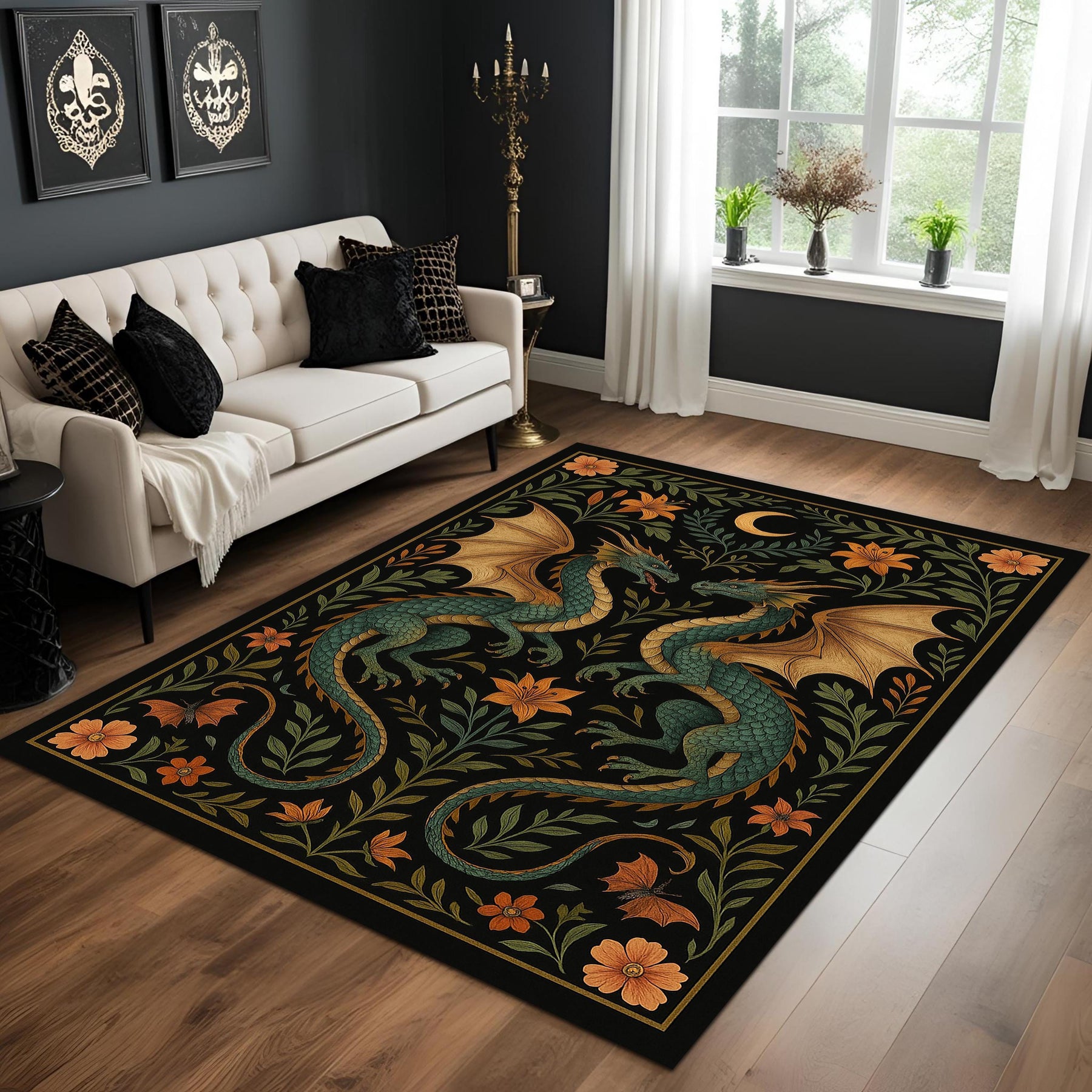 Dragon Garden Rug: Gothic Fantasy Carpet with Twin Green Dragons, Botanical Motifs and Moon Symbol for Dark Magical Living Rooms
