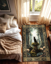 Gothic Witchy Rug with Black Cat & Ancient Ruins Enchanted Tapestry for Dark Academia or Fantasy Decor, The Cat of the Forgotten Temple