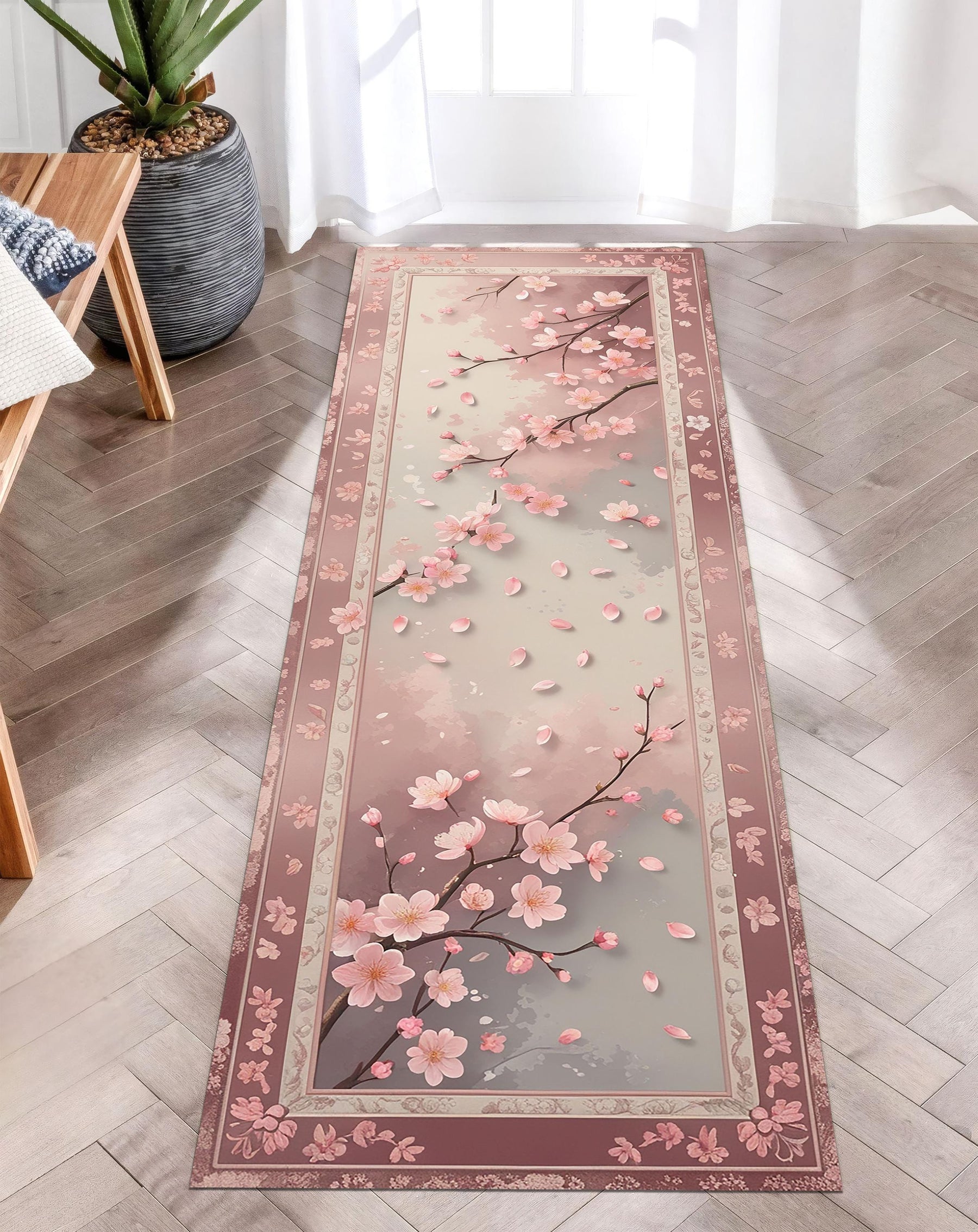 Cherry Blossom Runner Rug, Japanese Sakura Floral Rug, Spring Hallway Rug, Pastel Pink Zen Rug, Japandi Style Soft Petal Carpet