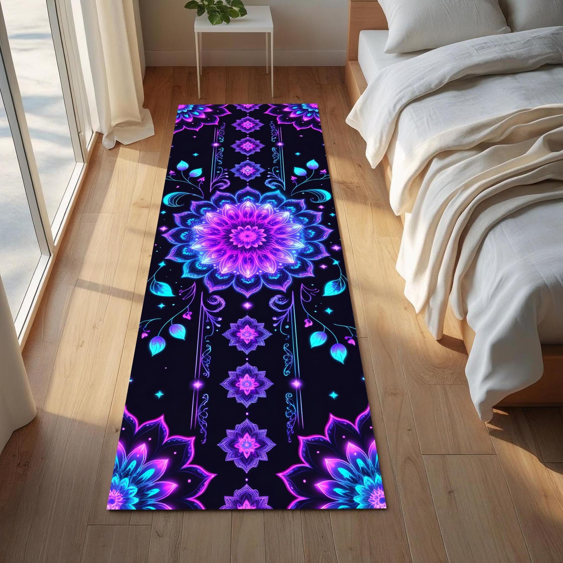 Psychedelic Mandala Runner Rug, Purple Blue Floral Glow Hallway Rug, Trippy Meditation Carpet, Neon Boho Floor Art, Psychedelic Entryway Rug