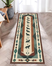 Tribal Wolf Runner Rug, Southwestern Animal Spirit Rug, Boho Desert Hallway Carpet, Native Lodge Decor Rug, Aztec Inspired Wolf Decor