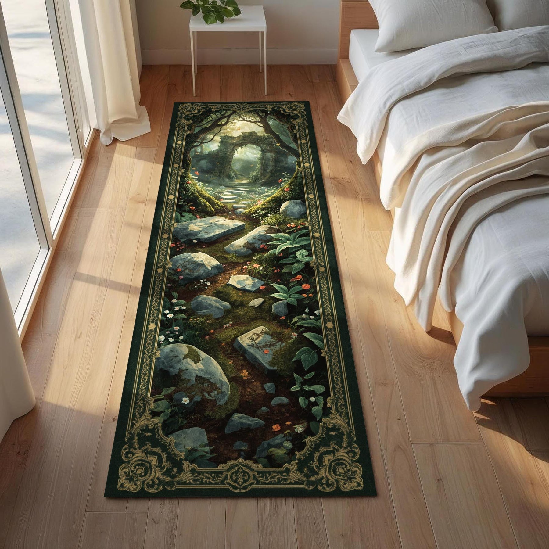Enchanted Forest Runner Rug, Mossy Stone Path and Nature Detailed Carpet for Hallway