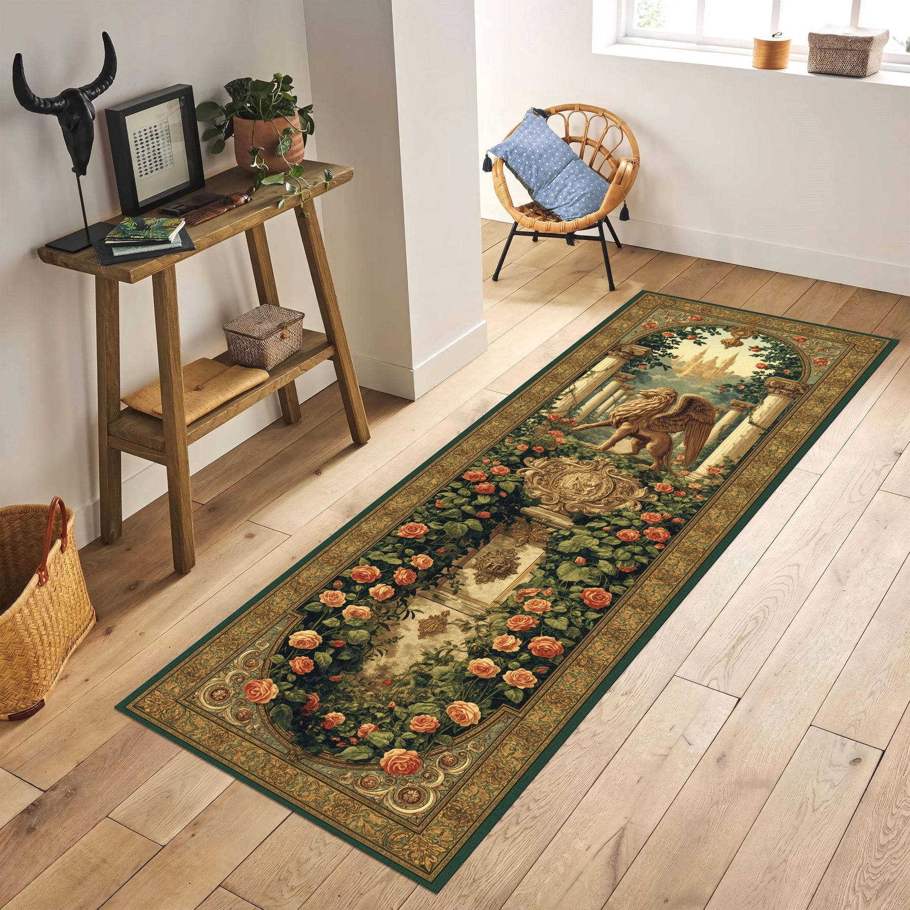 Royal Griffin Garden Runner Rug, Mythical Fantasy Rug, Baroque Tapestry Rug, Castle Decor Hallway Mat, Enchanted Lion Eagle Rug