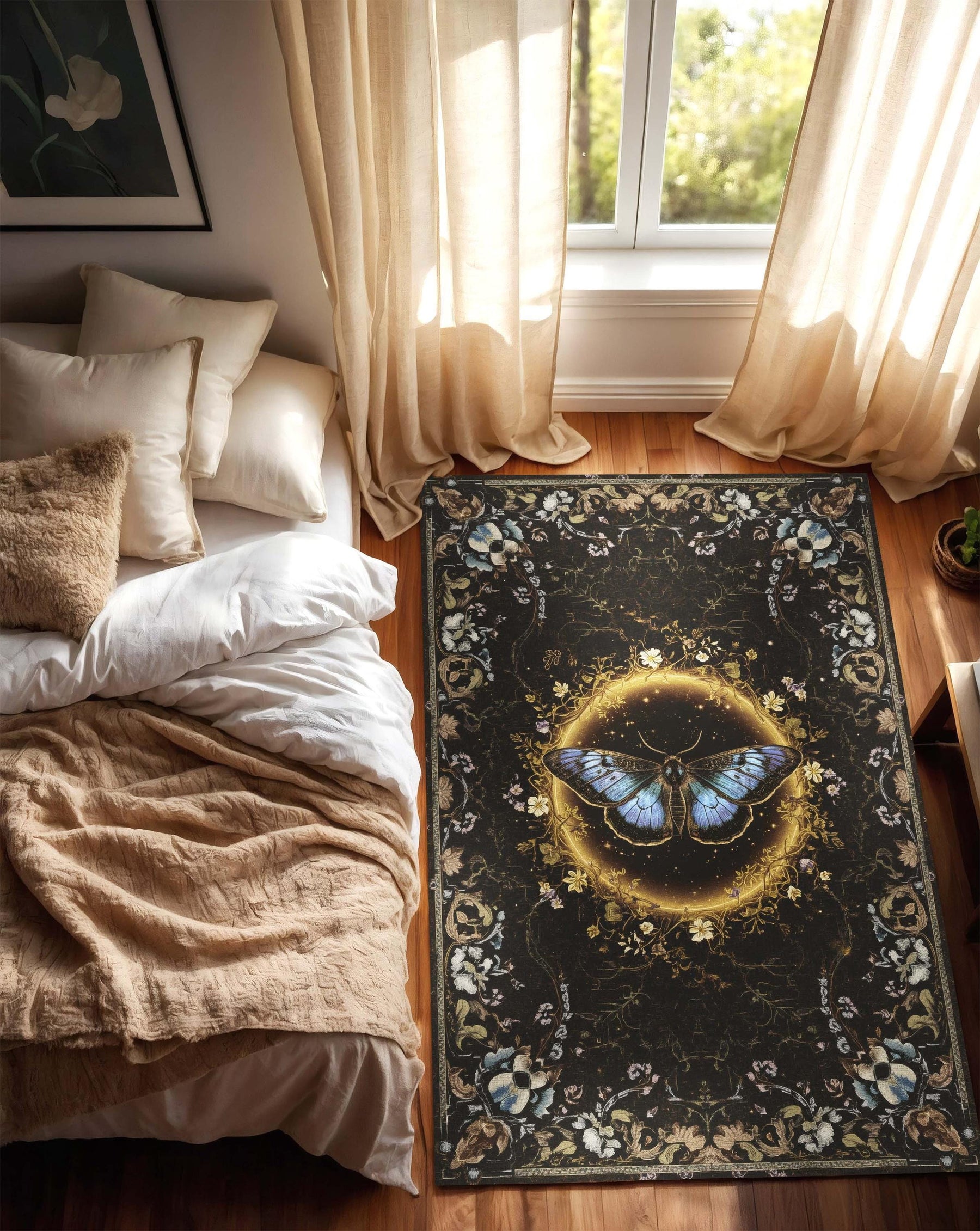 Mystical Moth Rug, Gothic Fairycore Butterfly Room Decor, Enchanted Dark Academia Floral Tapestry, Gothic Mystical Carpet for Living Room