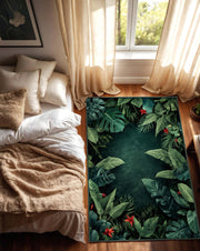 Dark Jungle Botanical Rug | Tropical Leaf Carpet with Red Flowers | Exotic Deep Green Area Rug for Modern Living Room or Bedroom