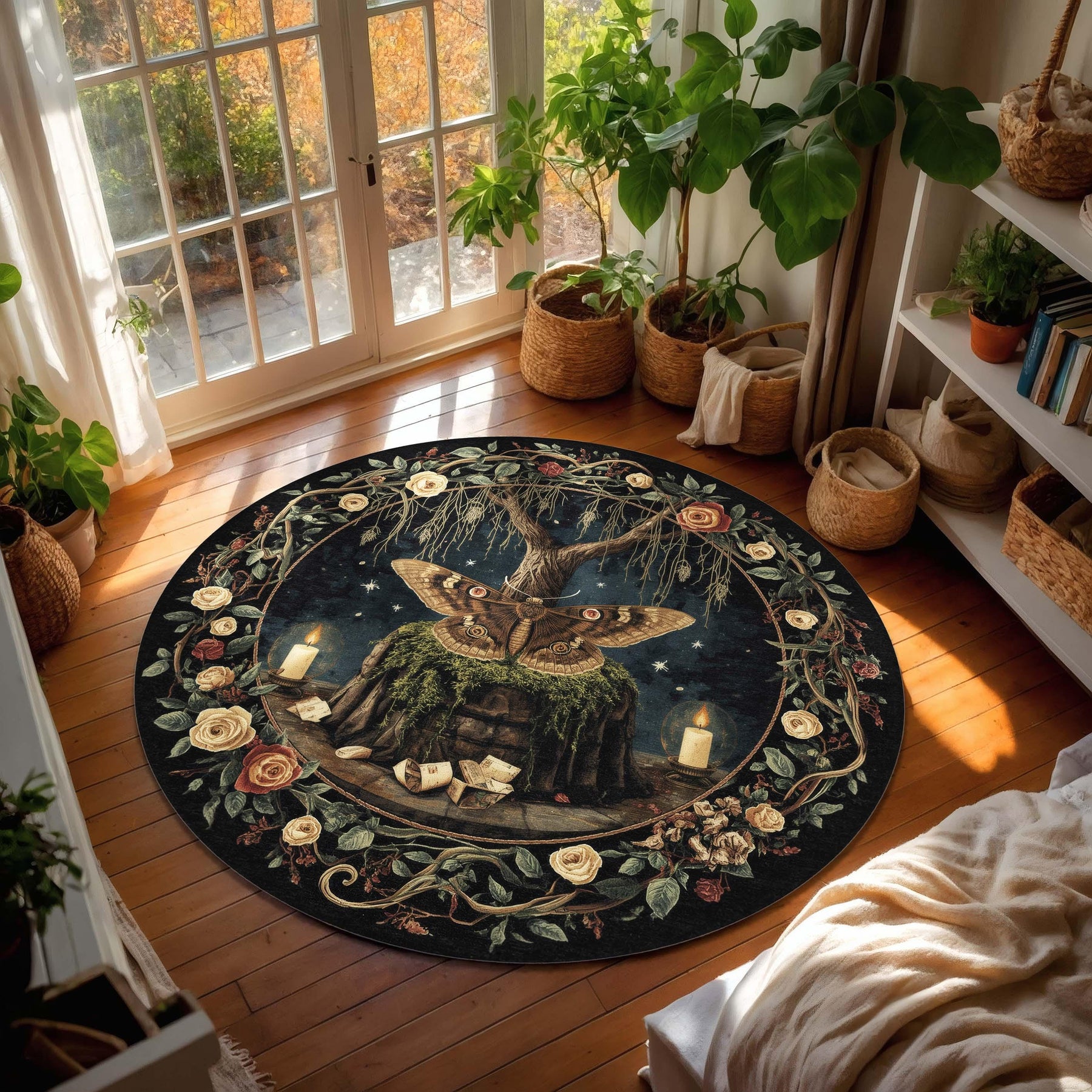 Witchy Moth Round Rug | Gothic Altar Decor Fairycore Carpet with Candle, Tree & Spell Book Mystical Spirit Tapestry for Dark Rooms
