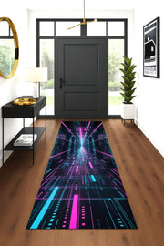 Cyberpunk Neon Runner Rug, Gamer Room Decor Rug, Tech Aesthetic Hallway Rug, Vaporwave Digital Tunnel Rug, Futuristic Glow Carpet