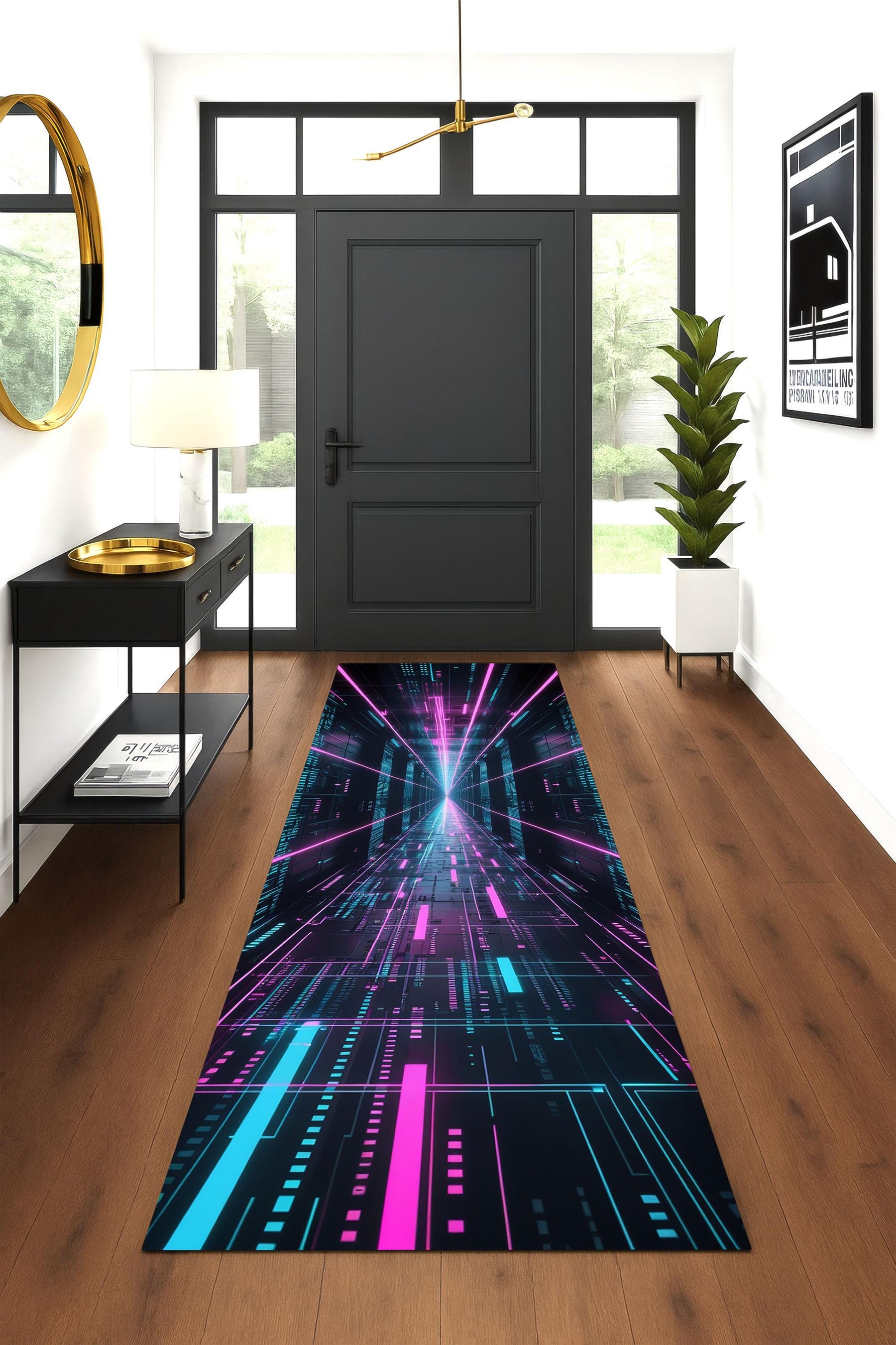 Cyberpunk Neon Runner Rug, Gamer Room Decor Rug, Tech Aesthetic Hallway Rug, Vaporwave Digital Tunnel Rug, Futuristic Glow Carpet