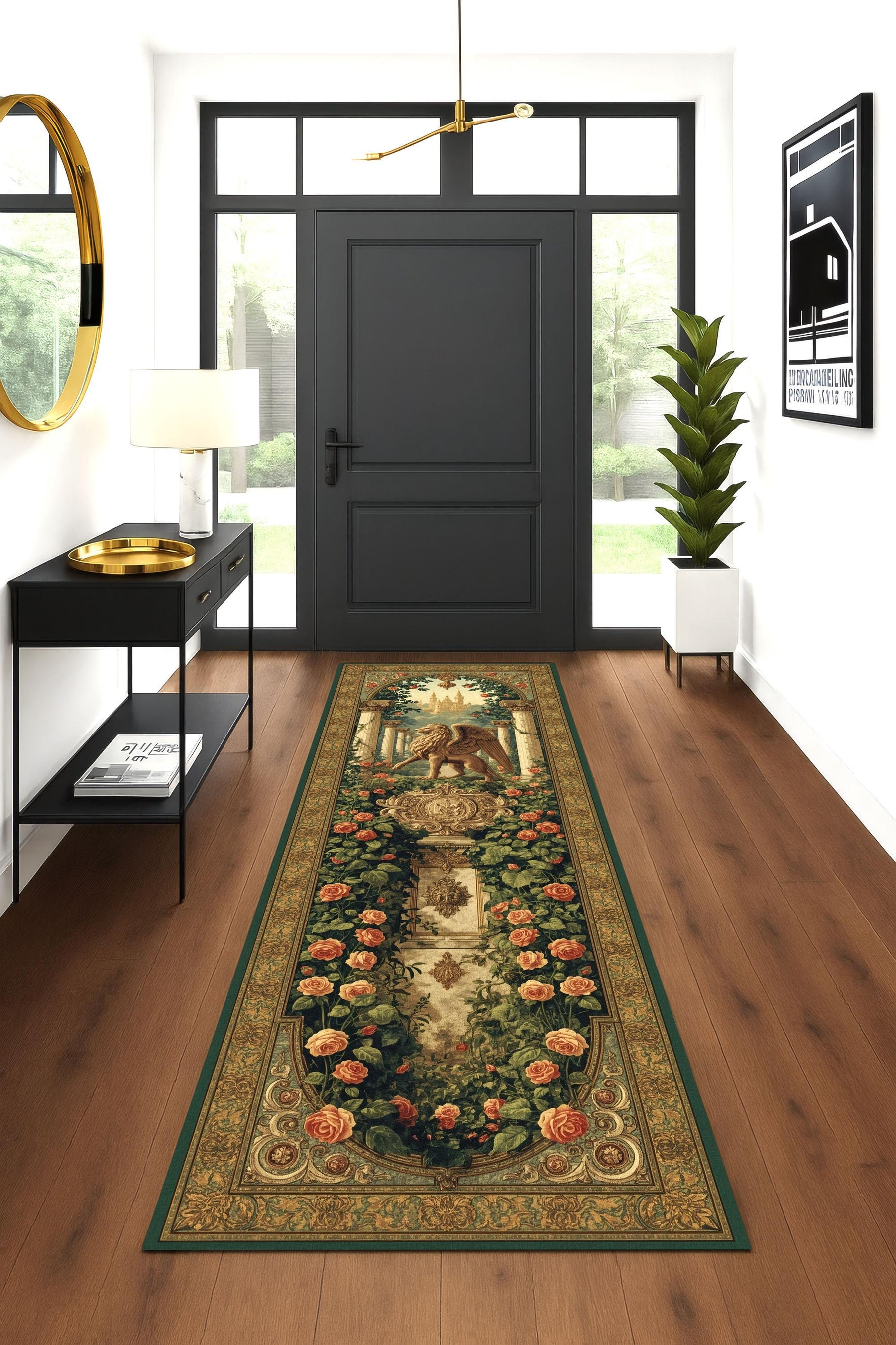 Royal Griffin Garden Runner Rug, Mythical Fantasy Rug, Baroque Tapestry Rug, Castle Decor Hallway Mat, Enchanted Lion Eagle Rug
