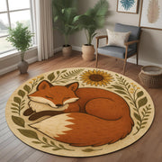 Round Fox Rug, Sunflower and Leaf Design, Woodland Animal Carpet for Nursery Kids Room