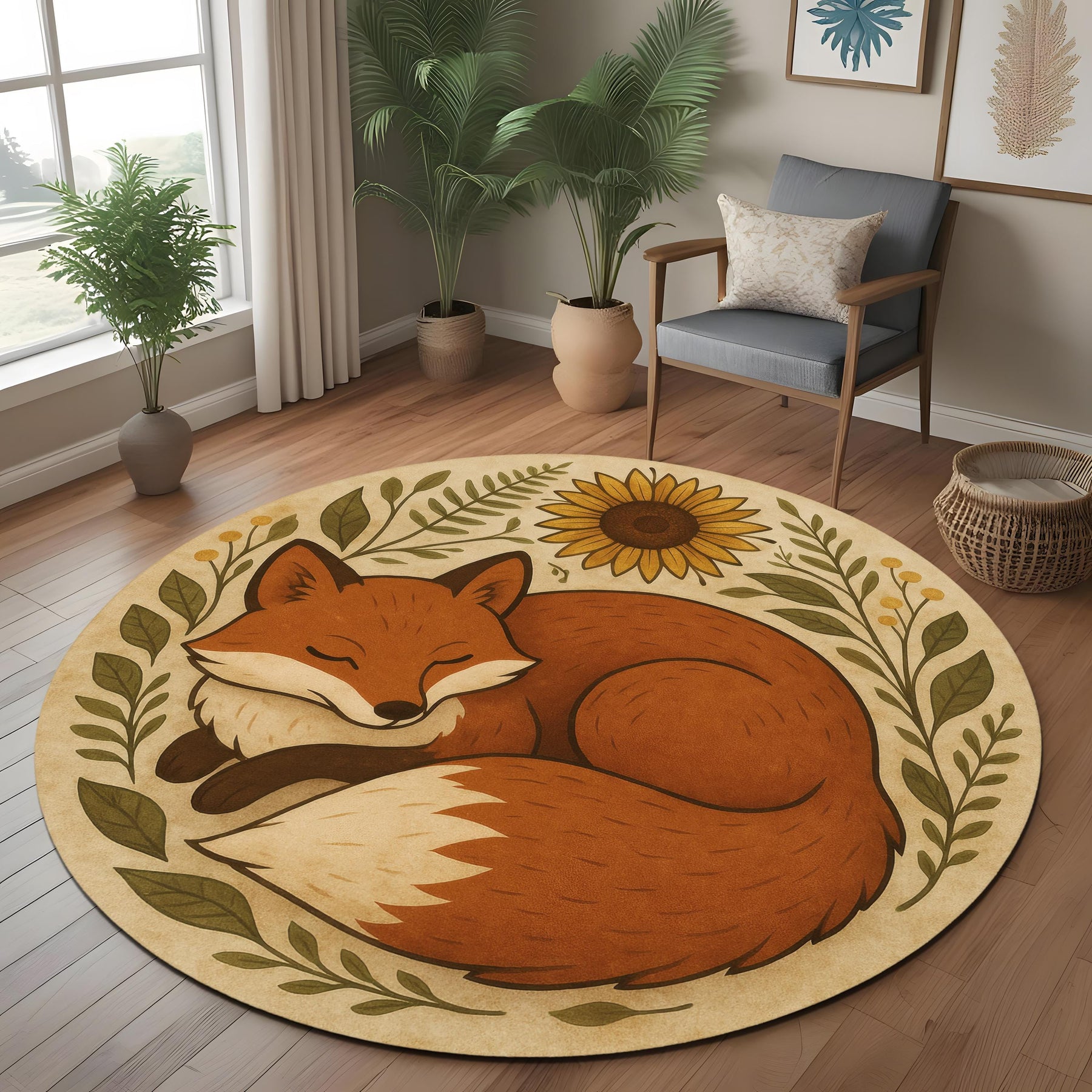 Round Fox Rug, Sunflower and Leaf Design, Woodland Animal Carpet for Nursery Kids Room