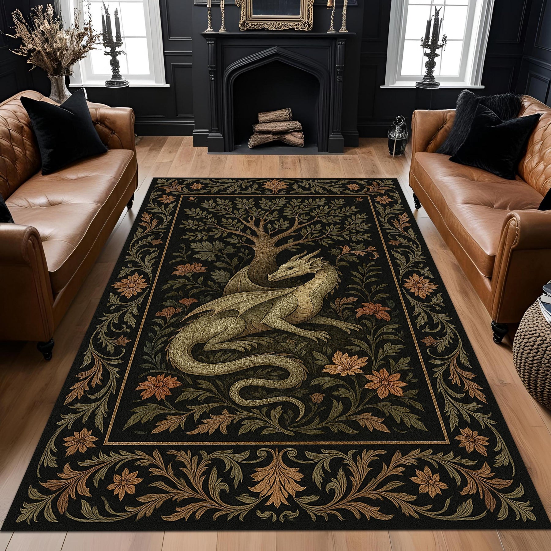 Medieval Tapestry Dragon Rug: Majestic Dragon Room Decor for Medieval Gothic Room, Epic Carpet For Fantasy Rooms, Gothic Castle or RPG Decor