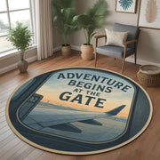 Travel Rug: Adventure Begins At The Gate Round Carpet With Airplane Window View, Wanderlust Floor Decor For Entryway Or Travel Corners