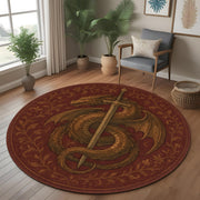 Dragon & Sword Round Rug: Medieval Fantasy Carpet with Slain Beast Design for Gothic Living Room or Knightly Themed Decor