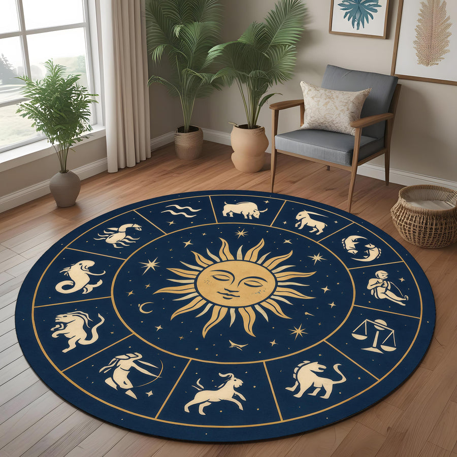 Zodiac Circle Rug: Round Astrological Carpet With 12 Horoscope Signs And Golden Sun Face, Celestial Floor Decor For Mystic And Boho Spaces