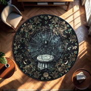 Gothic Spider Web Round Rug | Dark Fantasy Tapestry Style Rug with Roses & Moon Phases | Witchy Occult Living Room Decor