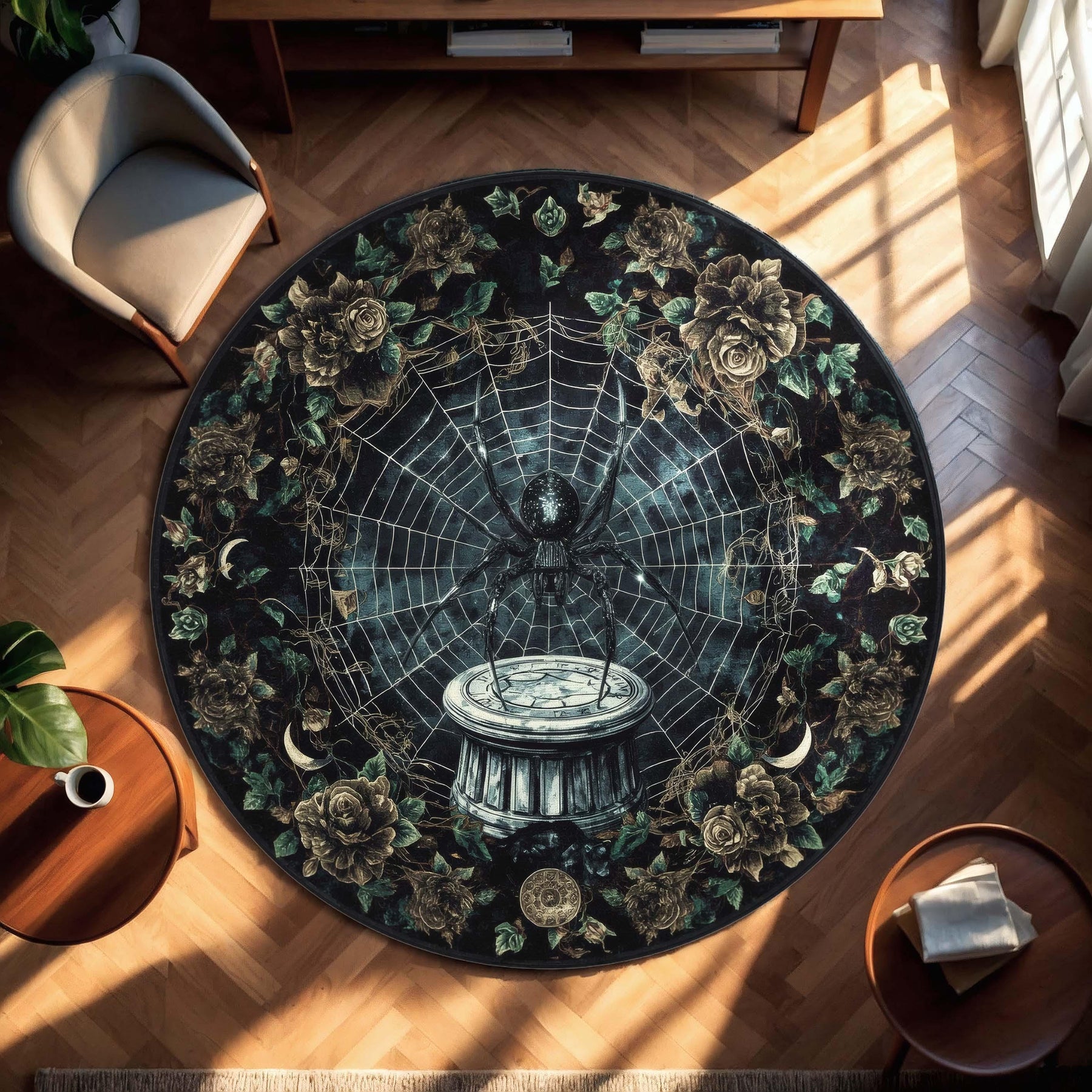 Gothic Spider Web Round Rug | Dark Fantasy Tapestry Style Rug with Roses & Moon Phases | Witchy Occult Living Room Decor