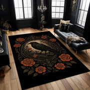 Gothic Raven Rug With Floral Frame, Black Crow Area Carpet, Dark Academia Aesthetic Living Room Decor, Baroque Style Elegant Rug