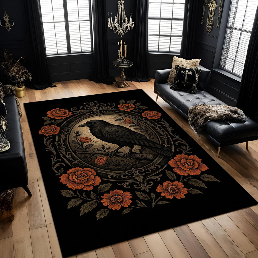 Gothic Raven Rug With Floral Frame, Black Crow Area Carpet, Dark Academia Aesthetic Living Room Decor, Baroque Style Elegant Rug