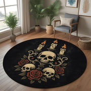 Dark Gothic Rug: Skull Candelabra Red Roses Candles Decor, Round Carpet With Baroque Vibe