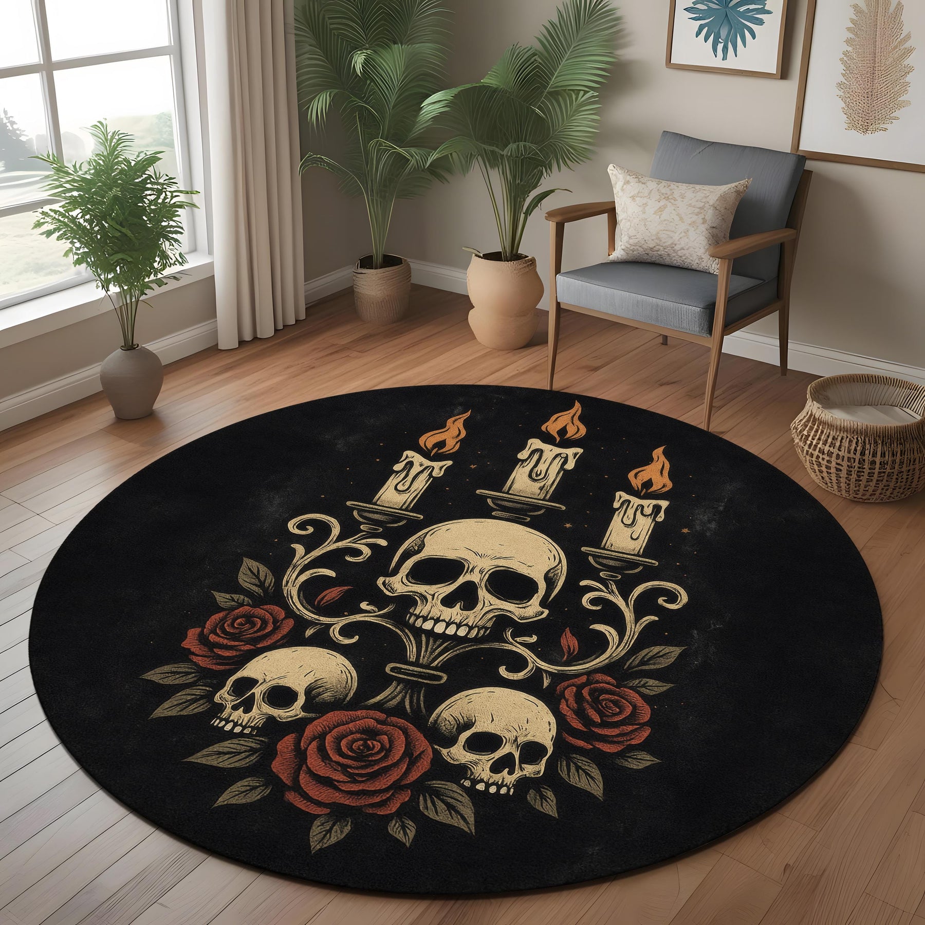 Dark Gothic Rug: Skull Candelabra Red Roses Candles Decor, Round Carpet With Baroque Vibe