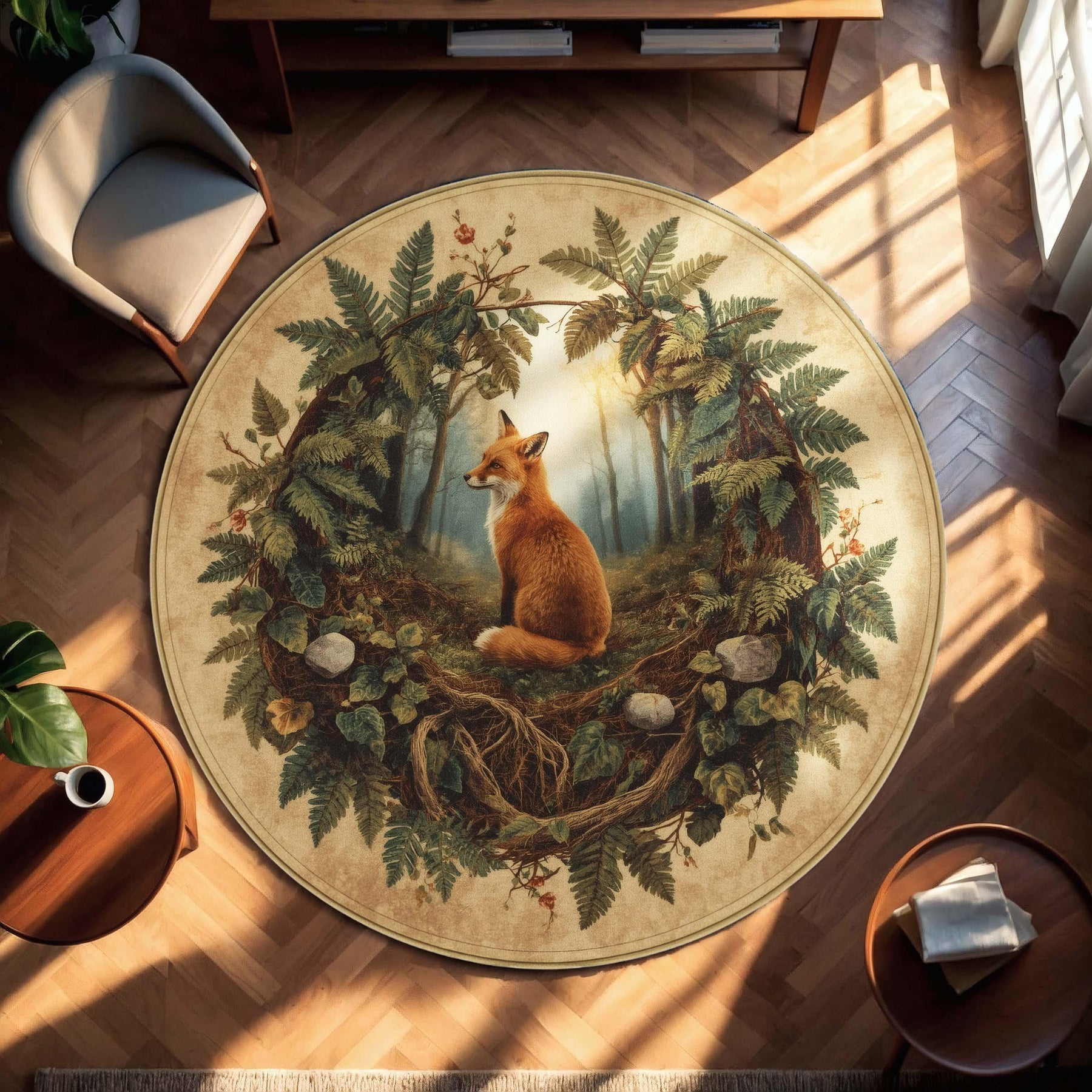 Woodland Fox Round Rug | Forest Animal Rug with Ferns and Roots | Nature-Inspired Cozy Cottagecore Carpet | Woodland Botanical Fox Carpet