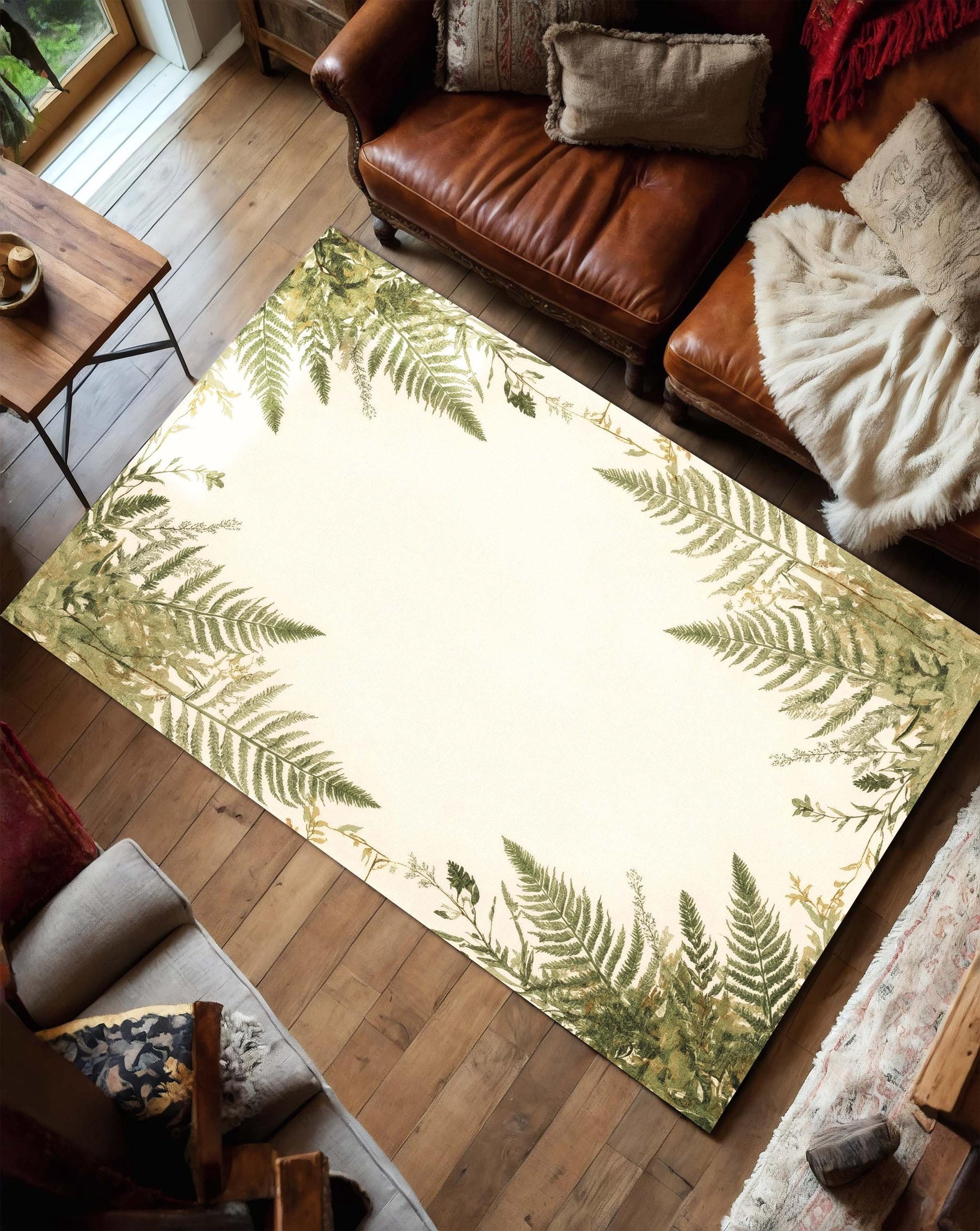 Botanical Fern Area Rug | Green Leaf Border Carpet | Nature Inspired Washable Rug for Living Room, Bedroom or Reading Nook