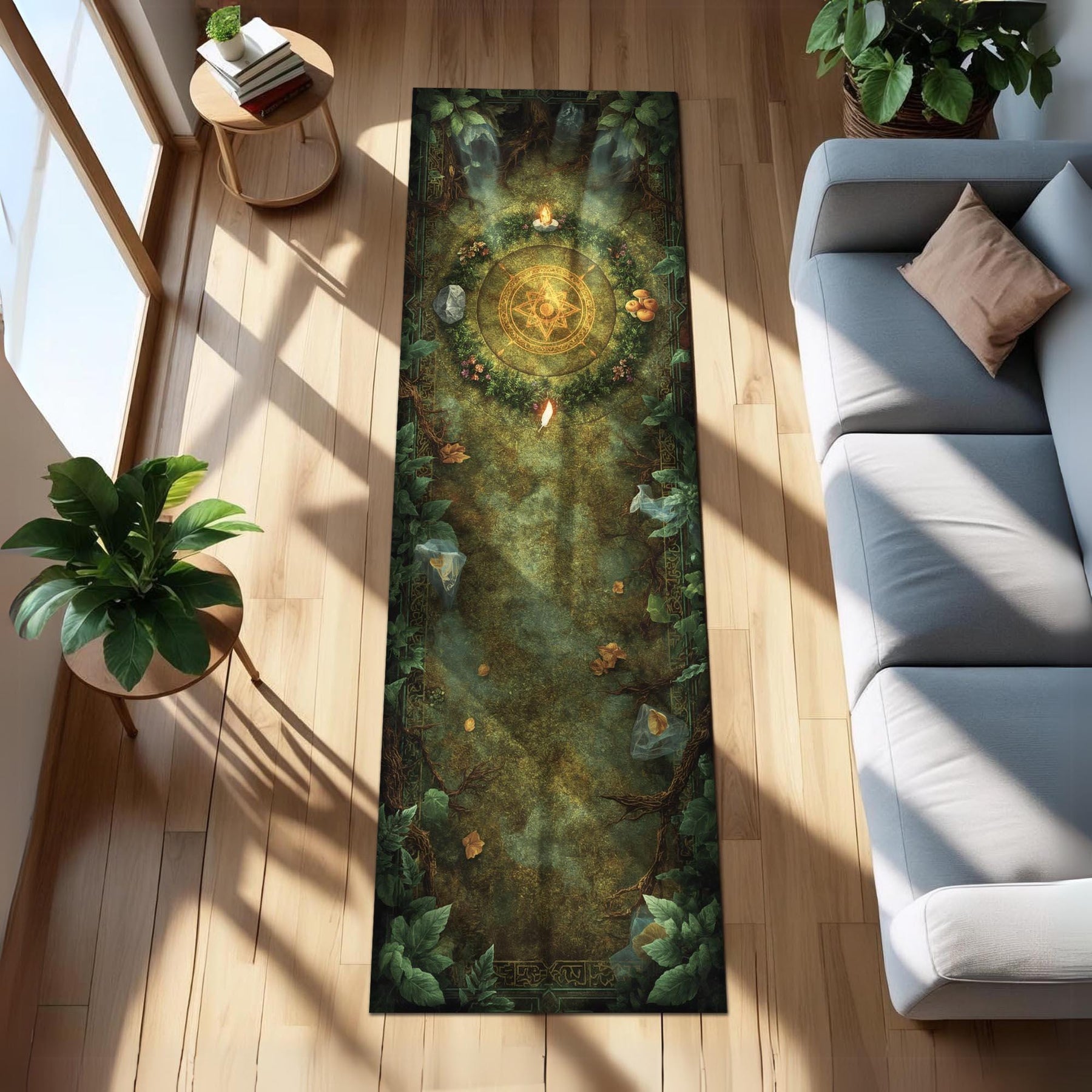 Forest Ritual Circle Runner Rug, Elemental Altar Runner Rug, Witchcore Tapestry Mat, Enchanted Forest Floor Decor, Nature Magic Hallway Rug