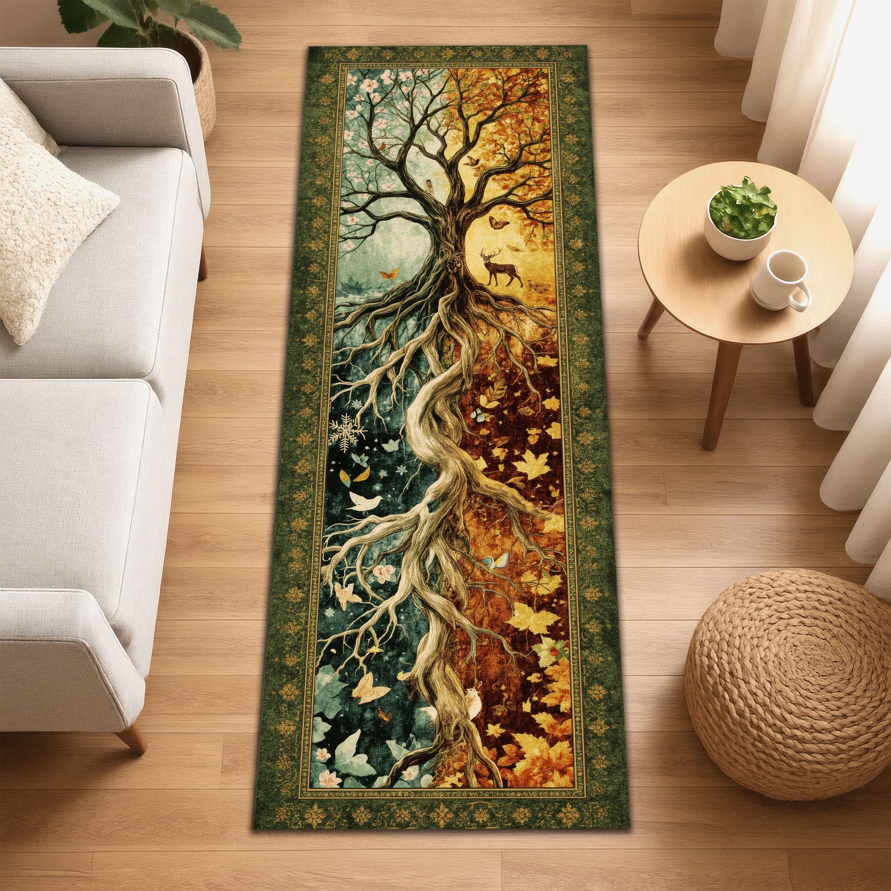 Tree of Seasons Runner Rug, Fantasy Tapestry Rug, Four Seasons Nature Decor, Enchanted Forest Hallway Rug, Botanical Wheel Rug