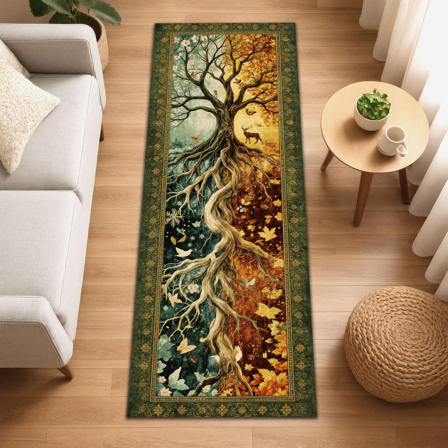 Tree of Seasons Runner Rug, Fantasy Tapestry Rug, Four Seasons Nature Decor, Enchanted Forest Hallway Rug, Botanical Wheel Rug